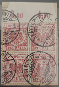 1899 Krone Adler 10 Pfg. gestempelter Viererblock je mit Oberrand.