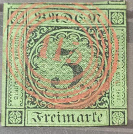 Baden 1853 Ziffer im Kreis 3 Kr. schwarz auf dunkelgrün NS 115 Rot