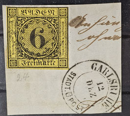 Baden 1853 Ziffer im Kreis Briefstückchen 6 Kr. schwarz auf gelb gestempelt