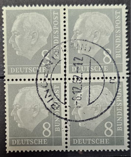 1951 Heuss 8 Pfg grau Viererblock gestempelt