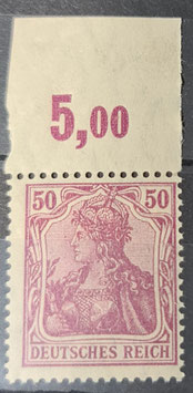 1920 Germania Farbänderung 50 Pfennig Einzelplatte Type II mit Plattenoberrand postfrisch