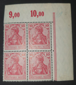 1905 - 1913 Germania Friedensdruck 10 Pfg Viererblock Ecke oben rechts