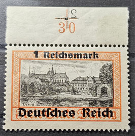 1939 Danzig Abschied Aufdruck 1 RM Rpf auf 1 G postfrisch Plattennummer 2 in Spiegelschrift