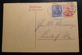 1915 Germania Kriegsdruck 20 Pfg. violettblau,  Platte Unterrand gelaufen auf Frageteil P113