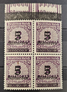 1923 Rosettenmuster Aufdruckausgabe 5 Milliarden auf 2 Millionen postfrisch im Viererblock OPD Frankfurt