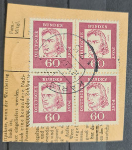 1961 bedeutende Deutsche 60 Pfennig rot gestempelt Viererblock auf Paketkartenabschnitt