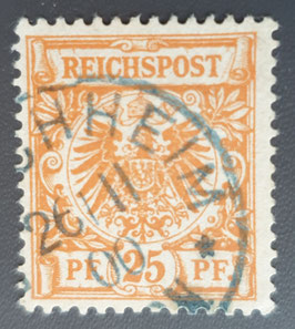1889 25 Pfg. Adler gelblich-orangerot mit BLAUEM Einkreisstempel entwertet. Farbige Stempel sehr selten auf dieser Ausgabe !