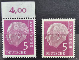 Heuss lumogen postfrisch, 5 Pfennig Y Papier mit Fluroszenz  **