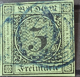 Baden 1853 Ziffer im Kreis 6 Kr. schwarz auf grün, blau gestempelt