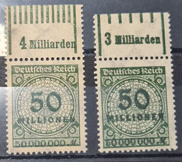 1923 Freimarken Rosettenmuster 50 Millionen grünoliv Walze Oberrand