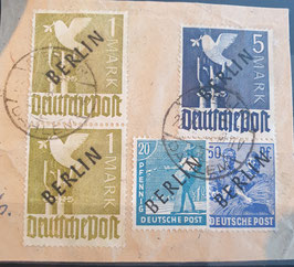 1948 Berlin Schwarzaufdruck 5 Mark , 2 x 1 Mark lebhaftbräunlicholiv und 50 sowie 20 Pfg.