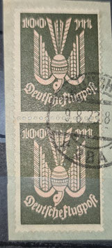 1923 100 Mark Luftpostmarke Holztaube Briefstück mit senkrechtem Paar gestempelt