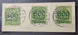 1923 Freimarkenausgabe mit Aufdruck 800 Tausend Mark auf 10 Pfg, 300 Mark und 400 Mark grün - Aufdruckplattenfehler