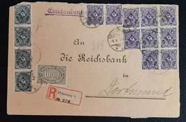 1922 Einschreibe - Brief mit Massenfrankatur der 20 Mark Posthorn grauviolett