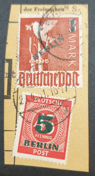 1949 Berlin Grünaufdruck 1 Mark gestempelt mit 5 Pfennig auf Postkartenabschnitt