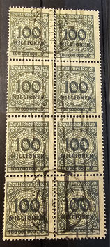 1923 Rosettenmuster senkrechter 100 Millionen gestempelter Achterblock mit HT linke obere Marke