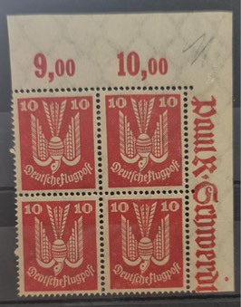 1924 Flugpost Holztaube 10 Pfennig rot Eckrand Viererblock