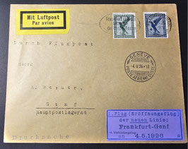 1926 Flugpost 20 Pfg und 5 Pfg auf Erstflugbrief Frankfurt - Genf