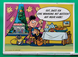 Mosaik Abrafaxe großes Spar-Plakat bzw. Aufhänger "...MMH, da springen ja sogar noch'n paar pullen Saft für uns raus!" "Gut, dass ich eine Wohnung mit Aussicht auf mehr habe!"