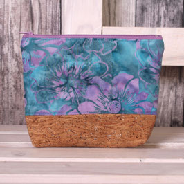 Täschchen Kork "blau mit lila Blumen"