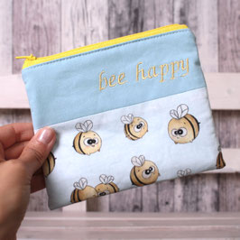 hellblaue kleine Reißverschlusstasche Bienen "bee happy" 14,5x12cm