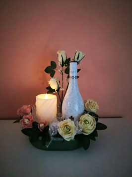 Blumengesteck mit Sekt und Kerze Wohndekor Tischdekor Handarbeit