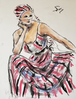 Lady in Red and Black Stripes, Original Drawing by Sarah Myers.  Includes shipping.