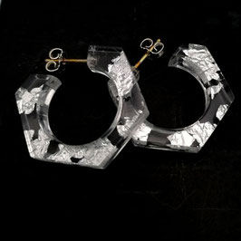 Creolen transparent mit Silbermetalleinschluss in fünfeckiger Form