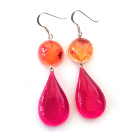 Doppel Ohrhänger pink transparenter Tropfen mit orange colorierten Element