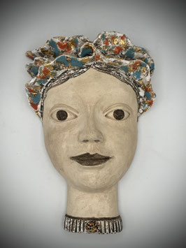 Kopf Maske z. H. MIT TÜRKIS ORANGER GLASUR UND GOLD 25cm hoch, 17cm breit