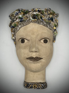 Kopf Maske mit blauer und grüner Glasur ,Gold Höhe 25cm, Breite 17cm