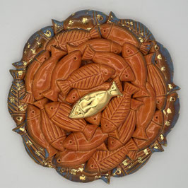 Fischschwarm Durchmesser ca. 22cm, in der Mitte ein Goldfisch! Orange, Türkis, Gold