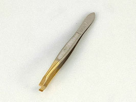 Malteser Pinzette 427 GS, vernickelt, Goldspitze, Griffrillen, 8 cm, schmal, gebogen