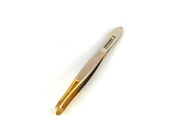 Malteser Pinzette 426 GS, vernickelt, Goldspitze, Griffrillen, 8 cm, rund