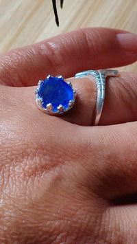 925-er Silber Fingerrring mit echtem Seeglas in Blau