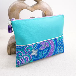 Pochette/trousse plate en simili-cuir bleu turquoise et pagne violet bleu turquoise