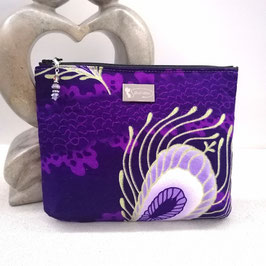 Trousse en wax violet plume de paon paillettes dorées