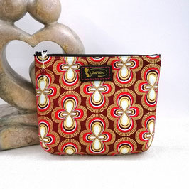 Trousse en wax rouge paillettes dorées et logo sur pièce de cuir