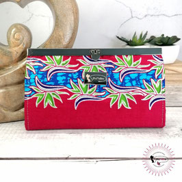 Portefeuille compagnon en tissu batik fleur de paradis rouge bleu vert à paillettes argentées et fermoir en métal
