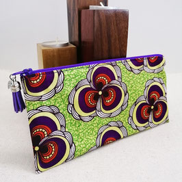 Trousse plate en pagne vert, violet