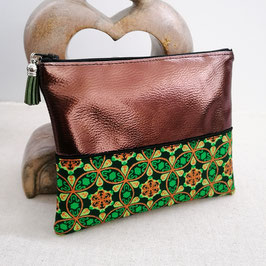 Pochette /trousse plate en simili-cuir marron et pagne vert cuivré pailleté