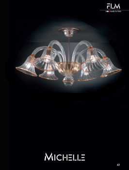 Plafoniera Michelle in vetro di Murano 6 luci trasparente e profili ambra