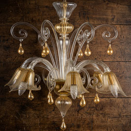 Bach lampadario in vetro di Murano colore trasparente con oro 6 luci