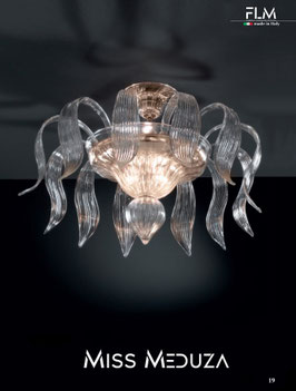 Plafoniera Miss Meduza in vetro di Murano 6 luci trasparente con foglie