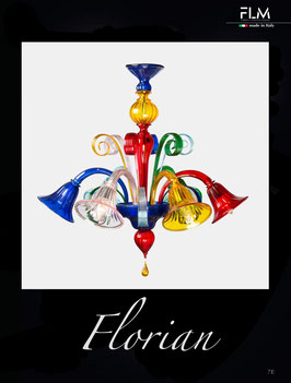 Florian: lampadario in vetro di Murano colorato con con ricci e pastorali