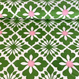 Blockprint Fabric Shina Green / Pink Dots