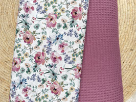 Stoffpaket Waffelpique in Mauve und Popeline Weiß Blumenmuster  altrosa Baumwolle 2x0,5m ideal für Patchwork Deko Kleidung und Heimtextilien