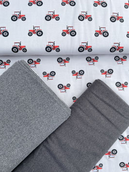Nähset Jersey Traktor Rot mit Bündchen | 95 % Baumwolle, 5 % Elasthan | Bündchen grau meliert oder grau gestreift