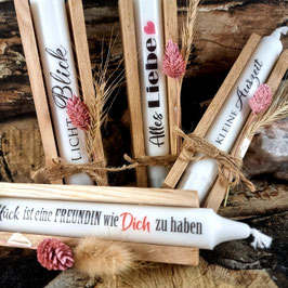 Kerzenbotschaft zur Hochzeit oder Hochzeitsjubiläum in Holz-Geschenkbox aus Eichenklötzchen