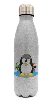 Glitzerflasche silber "Pinguin"